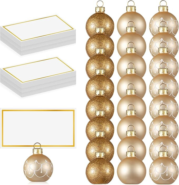 Civaner 24 Pcs Christmas Ornament Place Card Holders and Name Cards Set Gold Glass Ball Table Num... | Amazon (US)
