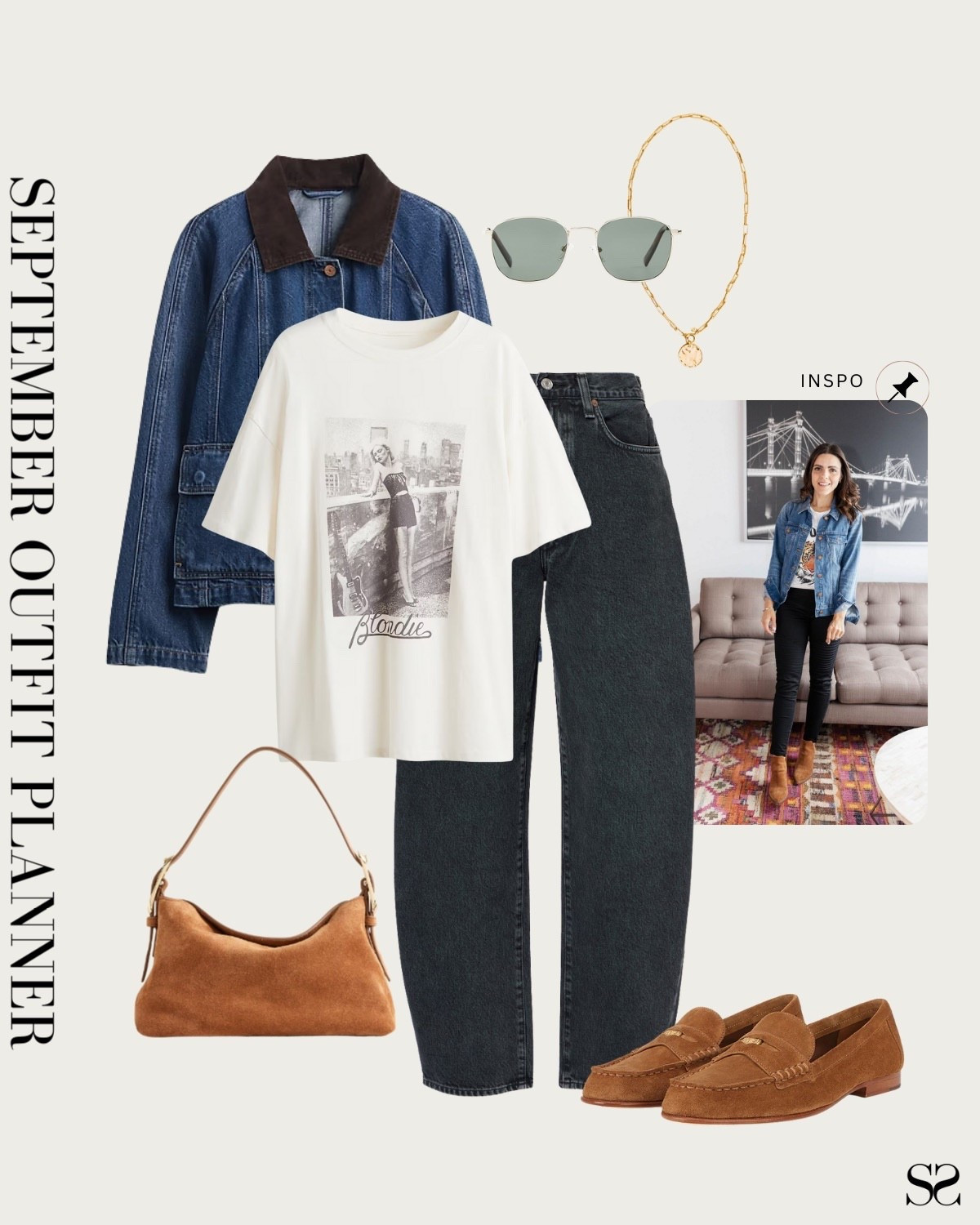 Monthly outfit planner SEPTEMBER: Summer to Fall outfits | graphic tee, barrel jeans, boat shoes, barn jacket, denim jacket, suede bag 

#summertofall #transitionalstyle #falloutfit #classicstyle 

#LTKStyleTip