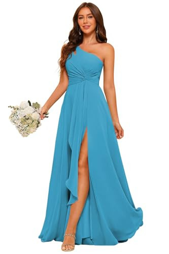 Ocean Blue One Shoulder Split Bridesmaid Dresses Long for Women 2026 A-line Ruched Chiffon Formal Dress with Pockets 10 | Amazon (US)