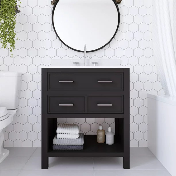 DHP Maine 30 Inch Bathroom Vanity with Carrera Countertop and Rectangular Ceramic Sink, Black/Dar... | Walmart (US)