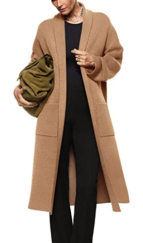 Womens Long Sleeve Maxi Cardigan Open Front Oversized Knitted Sweater Coat Casual Lapel Warm Overcoat with Pocket Camel | Amazon (US)