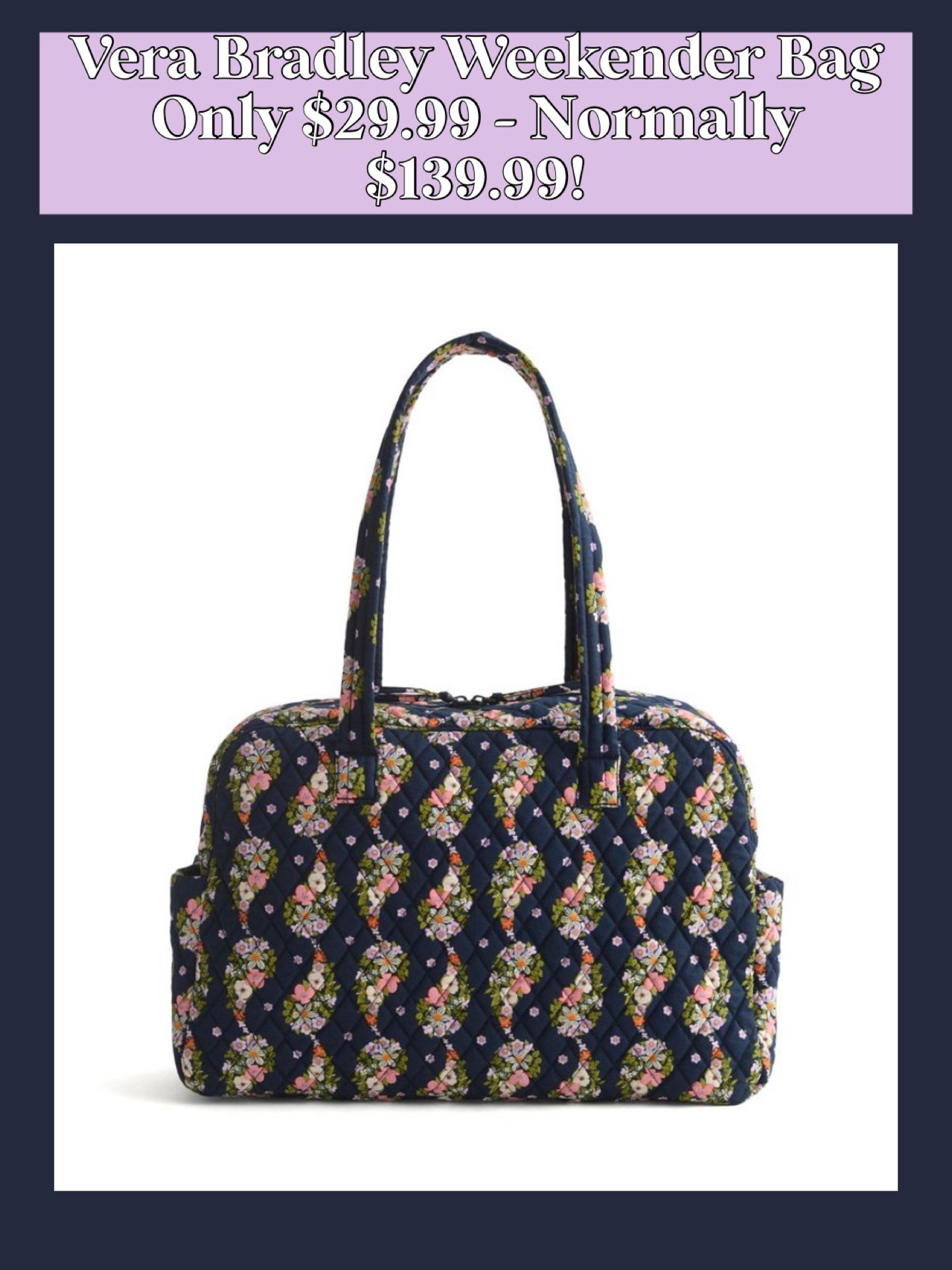 Vera Bradley Weekender in this beautiful Navy print down to only $29.99 at Target today - normally $139.99! 😳 What an excellent deal for this ongoing best seller that has so much room and is perfect for weekend or overnight trips, and even has side cup holders that fit large tumblers. Fantastic deal!!

#LTKTravel #LTKSaleAlert #LTKHome