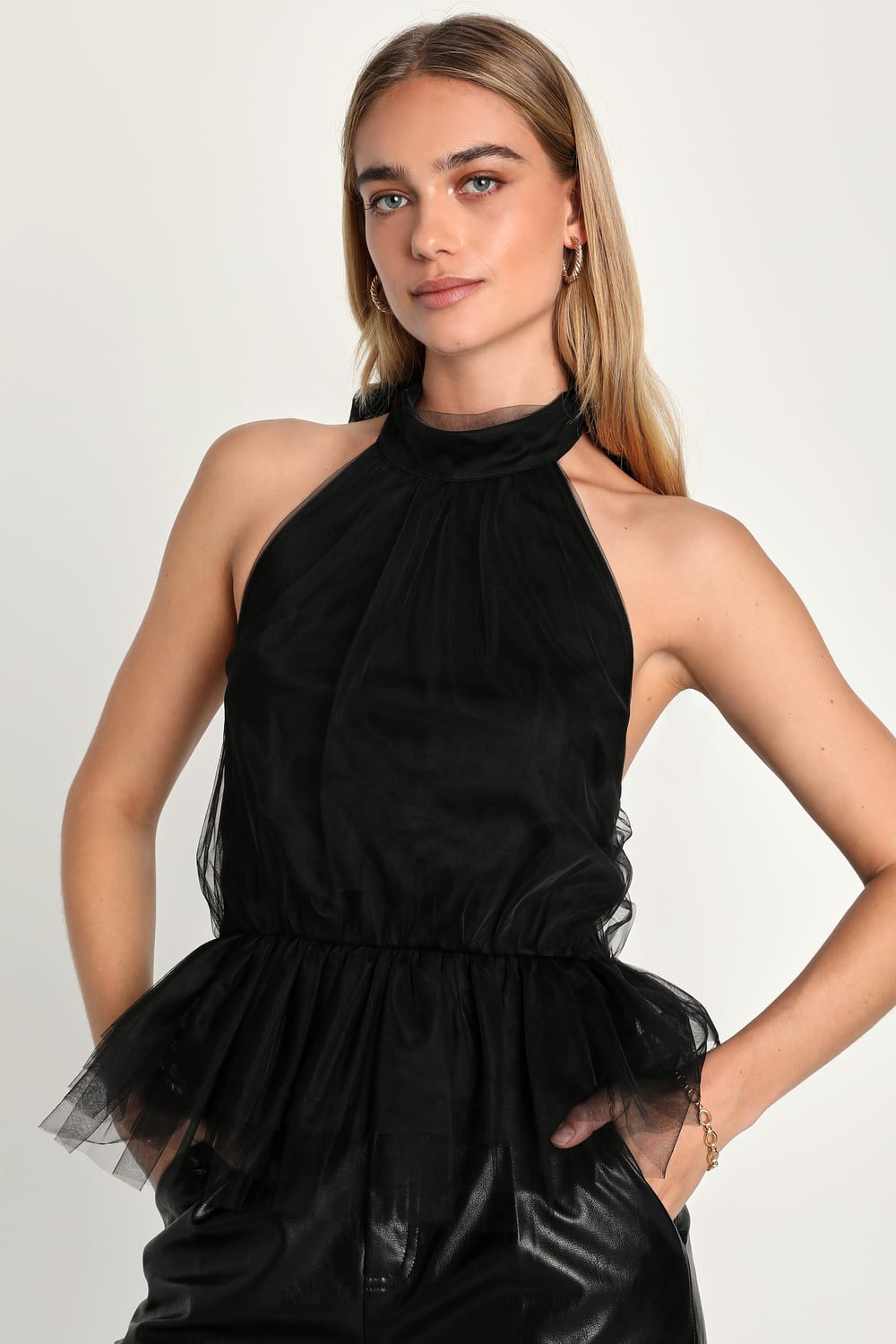 Fashionista Attitude Black Tulle Tiered Peplum Halter Top | Lulus (US)