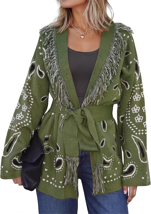 Cicy Bell Womens Fringe Cardigan Printed Long Sleeve V Neck Belt Sweaters | Amazon (US)