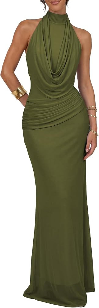 Claire Women's Halter Ribbon Ruched Backless Maxi Dress | Amazon (US)