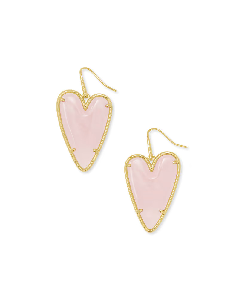 Ansley Heart Gold Drop Earrings in Rose Quartz | Kendra Scott