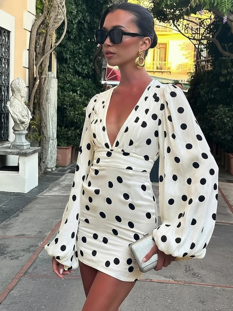 2026 Valentine's Day Elegant Polka Dot Mini Dress, Women's Fashion Chic Sexy Polka Dot Short Waist Tie Dress, Deep V-Neck, Long Sleeve, Casual Elegant, Woven Fabric White Vacation Spring | SHEIN