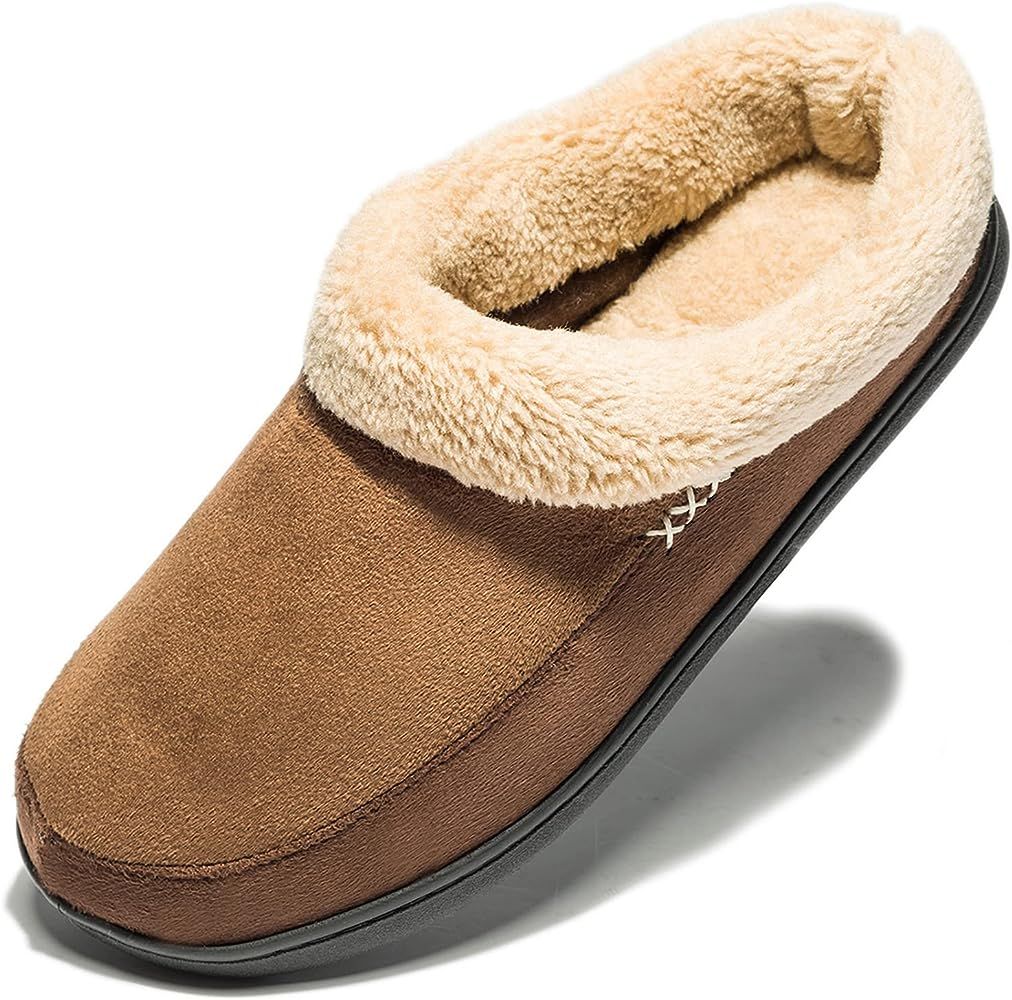 NewDenber Men's Warm Memory Foam Suede Plush Lined Slip on Indoor Outdoor Clog House Slippers | Amazon (US)