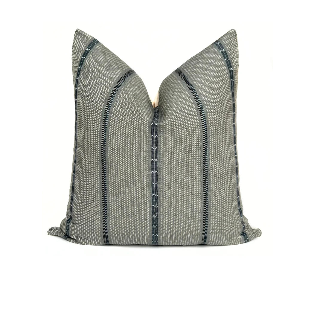 Blue Pillow Cover Linen Cotton Blend Gray Geometric Striped Square or Lumbar Cushion Case Couch S... | Etsy (US)