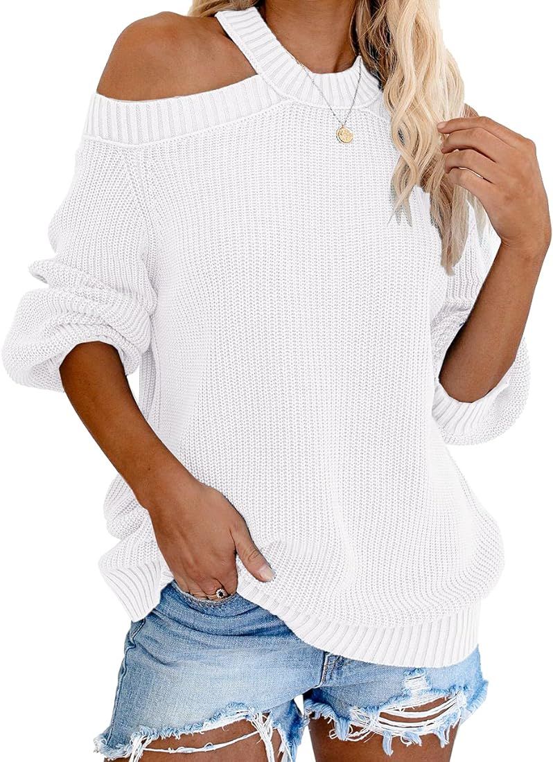 Deerose Women’s Cold Shoulder Sweater Long Sleeve Backless Knit Pullover Tops | Amazon (US)