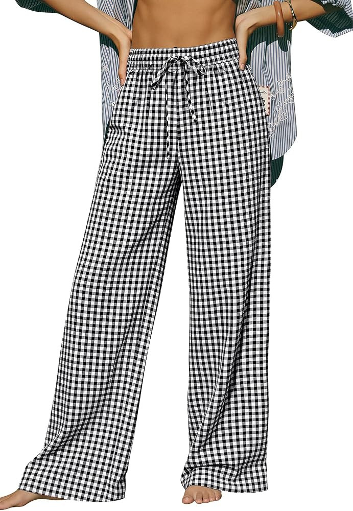LYHIPSS Striped Gingham Pants Women Summer Lounge Plaid Checkered Pants Wide Leg Casual Palazzo P... | Amazon (US)
