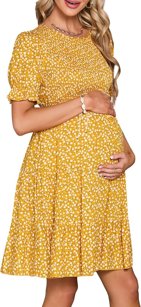 KOJOOIN Maternity Dress Summer Women Smocked Crew Neck Puff Sleeve Pregnancy Baby Shower Photosho... | Amazon (US)