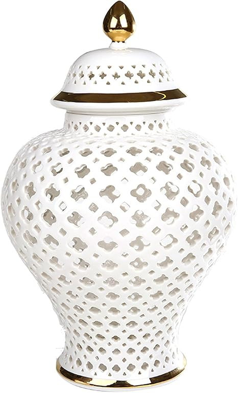 White Ginger Jars for Home Decor 11.81" Ginger Jar Carved Lattice Decorative Temple Jar Ceramic G... | Amazon (US)