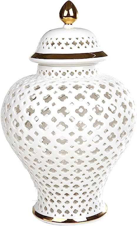 White Ginger Jars for Home Decor 11.81" Ginger Jar Carved Lattice Decorative Temple Jar Ceramic G... | Amazon (US)