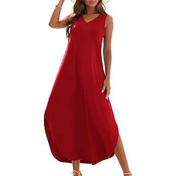 Zilcremo Women's Summer Casual Loose Sundress Long Dress Sleeveless V Neck Split Tshirt Maxi Dres... | Amazon (US)