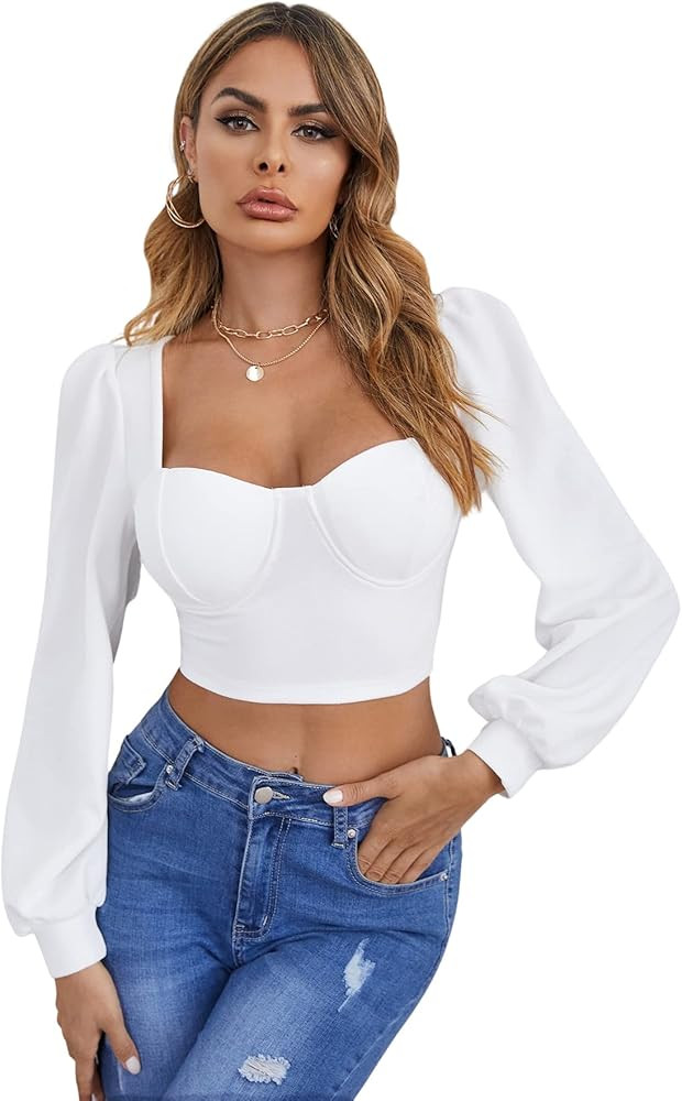 SheIn Women's Elegant Lantern Long Sleeve Sweetheart Neck Solid Crop Blouse Top | Amazon (US)