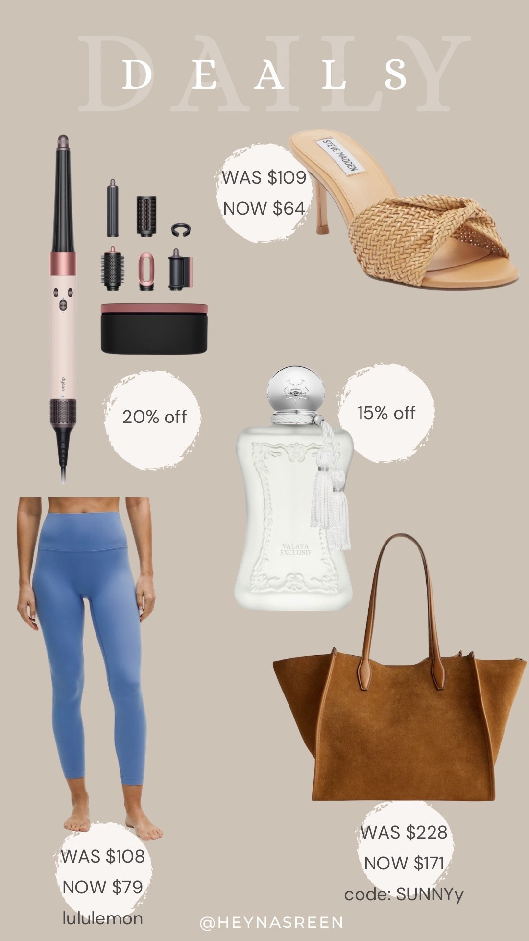 Daily deals on Dyson Airwrap ID, Steve Madden heels, Parfums de Marly Valaya perfume, Madewell suede tote bag, lululemon leggings