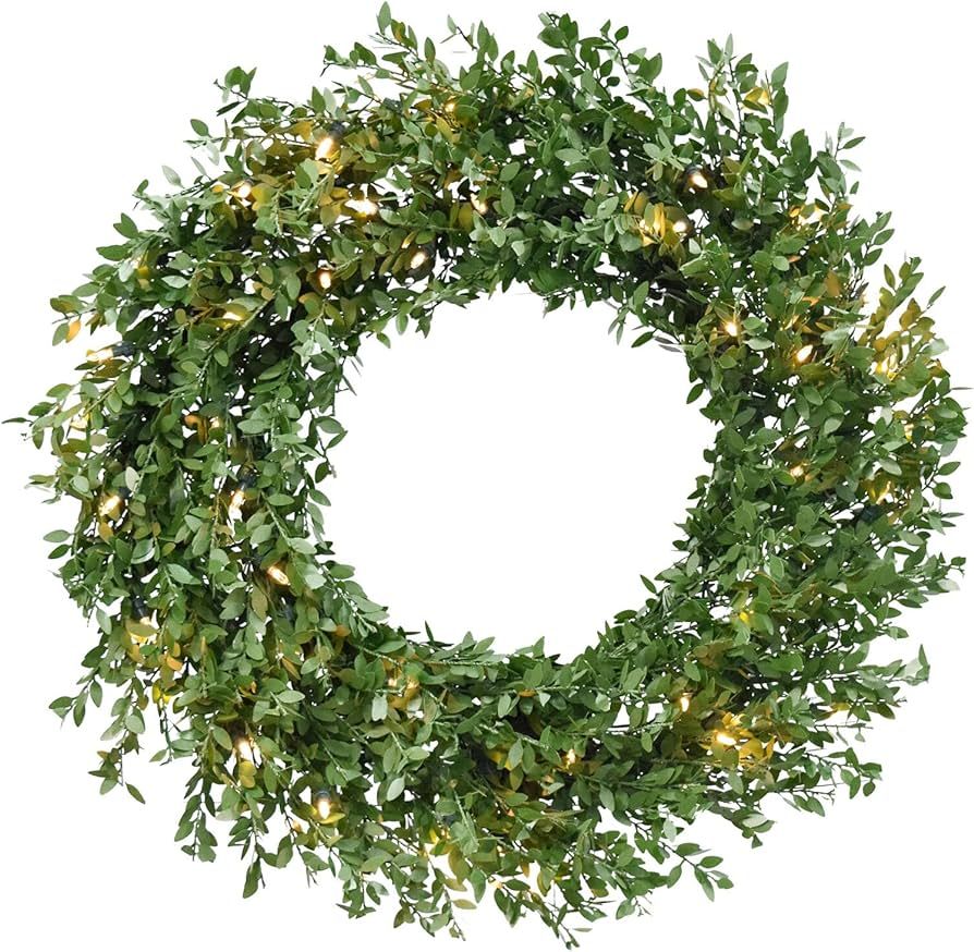 Fraser Hill Farm 24" Boxwood Green Christmas Décor Wreath with Warm White LED Lights | Amazon (US)