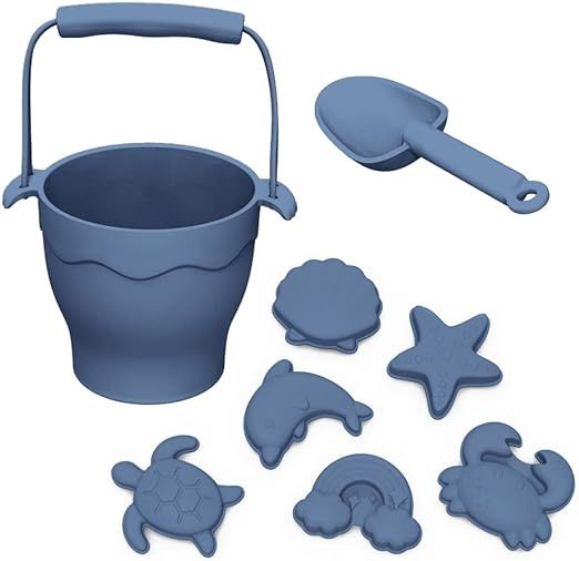 Beach Smile Portable Silicone Beach Sand Bucket Pail Rainbow Snow Fun Shovel Mesh Bag Toys Set of... | Amazon (US)