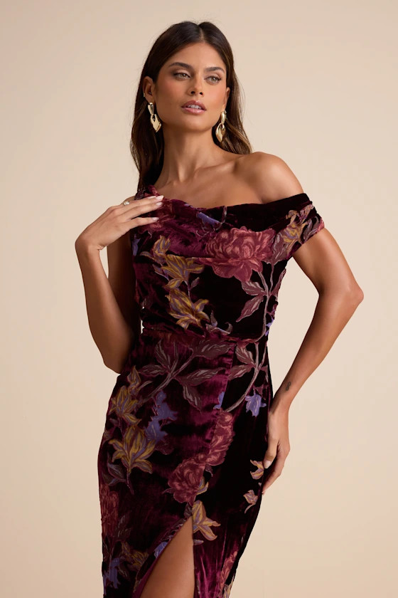 Marnella Burgundy Floral Velvet Burnout Asymmetrical Maxi Dress | Lulus