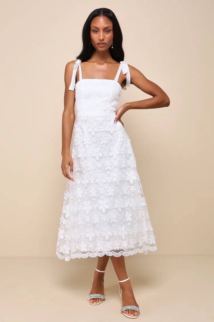 Striking Perfection White Embroidered Tie-Strap Midi Dress | Lulus