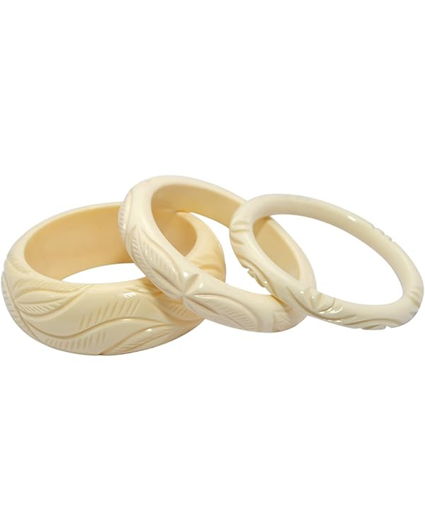 Pure Hands Handmade Resin Bangle Bracelet Set of 3 – Vanilla Custard White with Intricate Hand-... | Amazon (US)