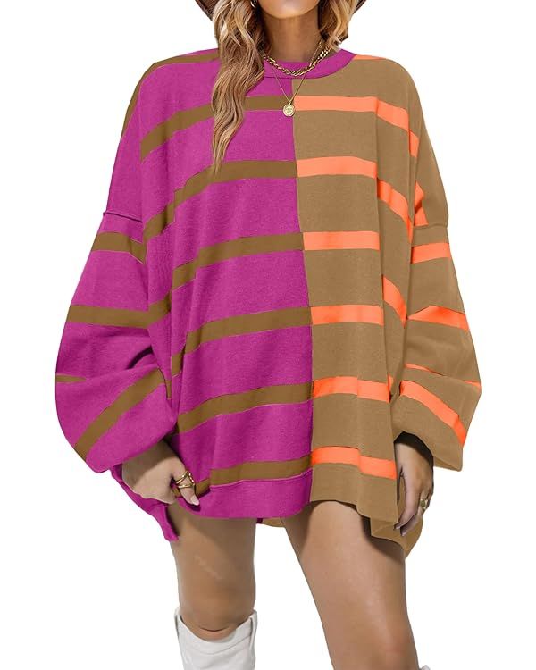 Fisoew Womens Striped Pullover Sweater Crew Neck Long Sleeve Knitted Color Block Casual Loose Lig... | Amazon (US)