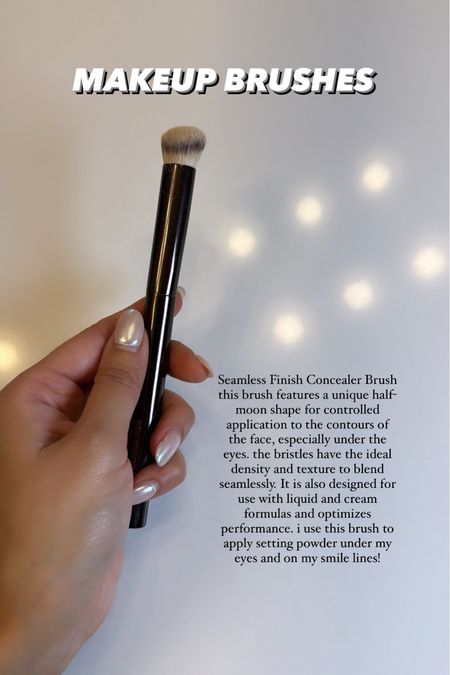 Seamless Finish Concealer Brush
this brush features a unique half
moon shape for controlled
application to the contours of
the face, especially under the
eyes. the bristles have the ideal
density and texture to blend
seamlessly. It is also designed for
use with liquid and cream
formulas and optimizes
performance. i use this brush to
apply setting powder under my
eyes and on my smile lines!

#LTKfindsunder50 #LTKstyletip #LTKbeauty