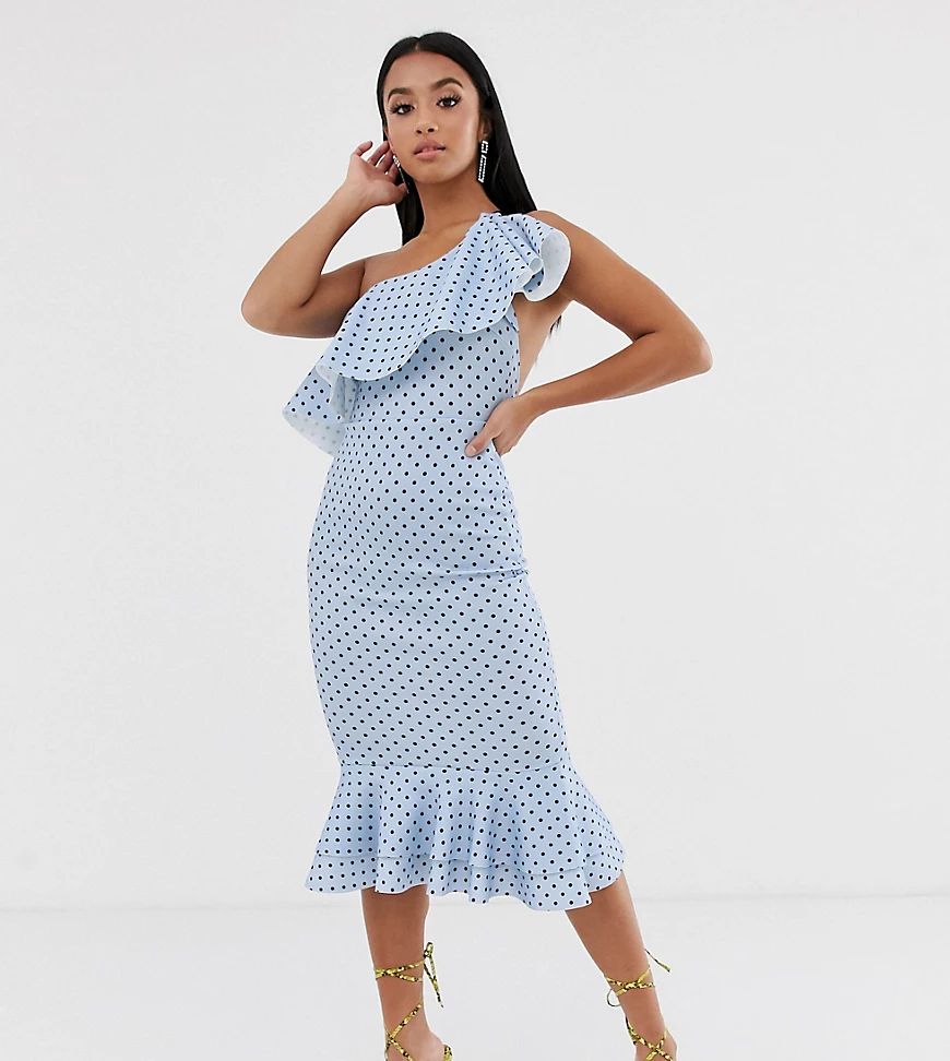 ASOS DESIGN Petite ruffle one shoulder midi dress with grosgrain straps in spot print-Multi | ASOS (Global)