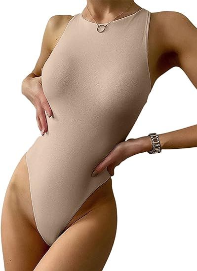 Remidoo Women's Round Neck Tank Top High Cut Backless Leotard Bodysuit | Amazon (US)