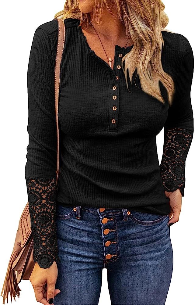 VICHYIE Womens Ribbed Knit Henley Long Sleeves Tunic Lace Tops V Neck Button Shirts Casual Slim Fit  | Amazon (US)