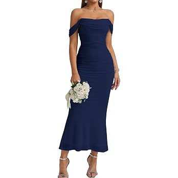 KUTUMAI Women Off Shoulder Maxi Long Corset Formal Wedding Guest Dress | 2 Bones, Mesh Ruched, Bo... | Amazon (US)