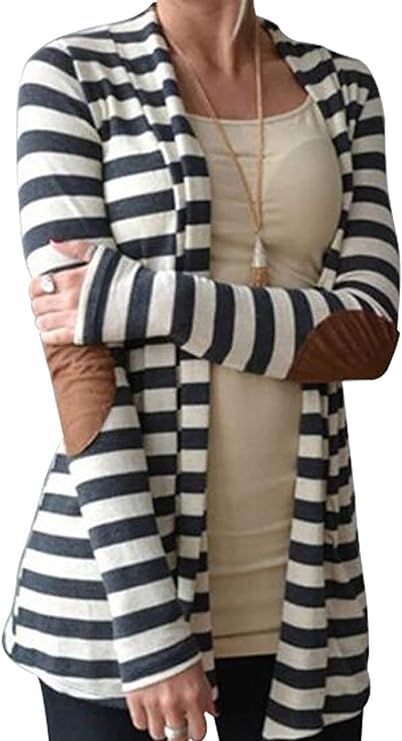 Aifer Women’s Cardigans Striped Button Sweaters Elbow Patch Open Front Outwear | Amazon (US)