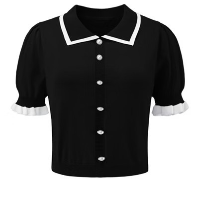 INSPIRE CHIC Women's 2025 Point Collar Button Decor Ribbed Short Sleeve Knit Tops Black Medium | Target