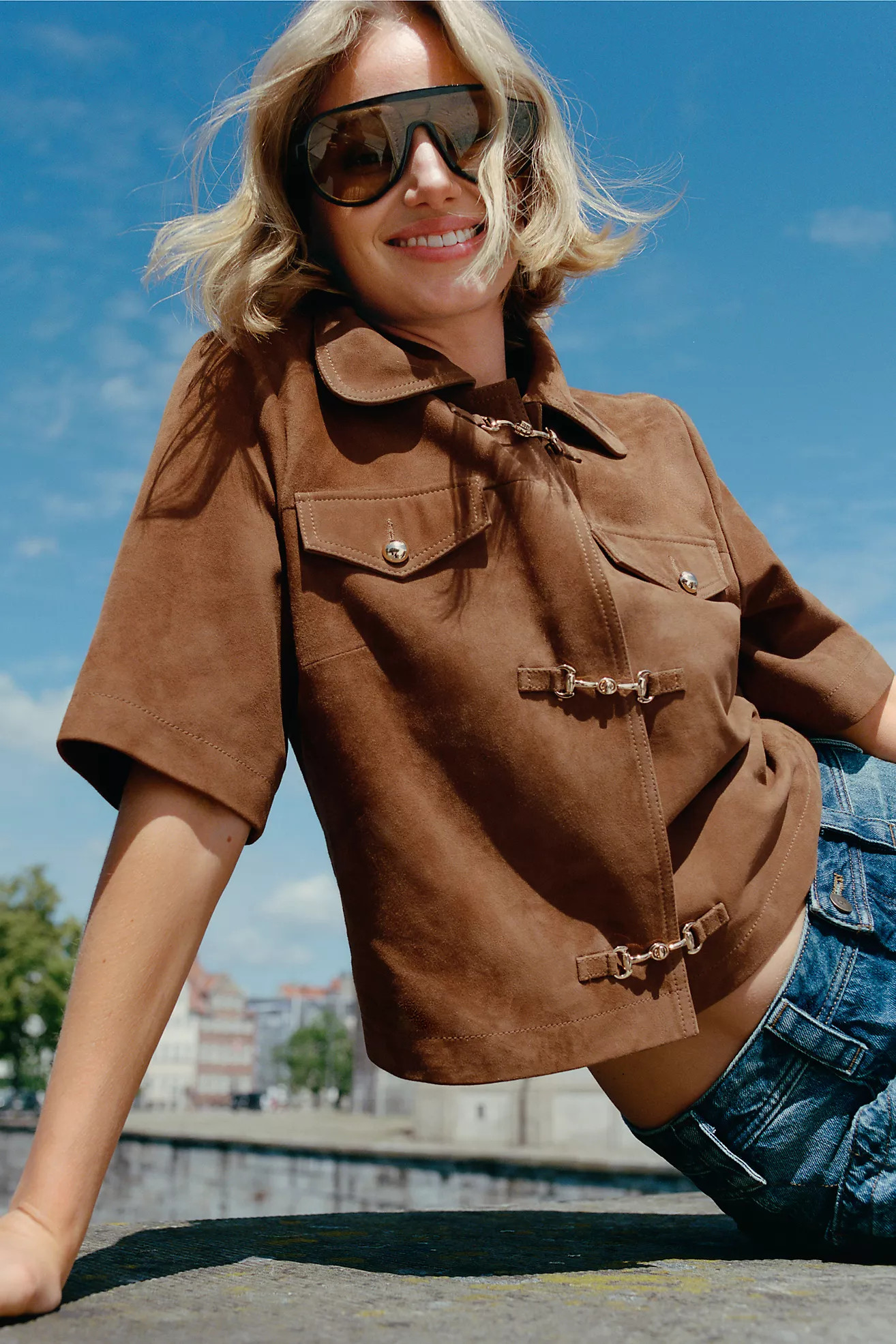 Maeve Suede Boxy Short-Sleeve Crop Lady Jacket | Anthropologie (US)