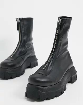 ASOS DESIGN Apricot premium leather chunky zip front boots in black | ASOS (Global)
