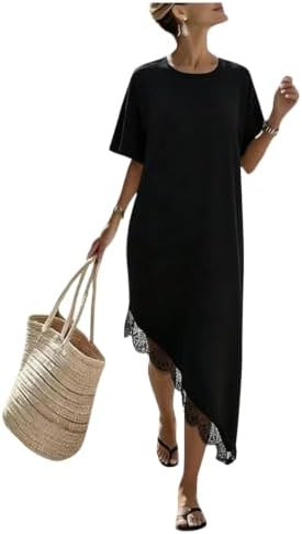 Milumia Women's Elegant Lace Trim T Shirt Dress Asymmetrical Short Sleeve Loose Casual Long Dress... | Amazon (US)
