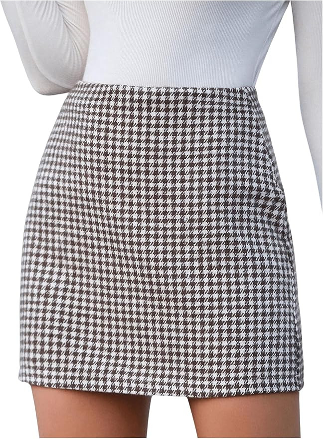 MakeMeChic Women's Houndstooth Mini Skirt High Waist Zipper Elegant Bodycon Short Skirts | Amazon (US)