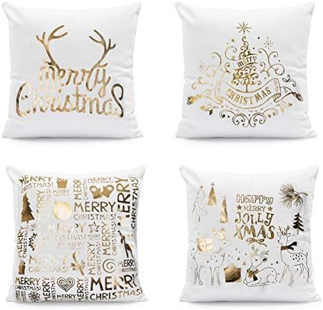 JOHOUSE Christmas Pillow Covers, 4 Pack of Golden Snowflakes Christmas Happy Decorative Sofa Pill... | Amazon (US)