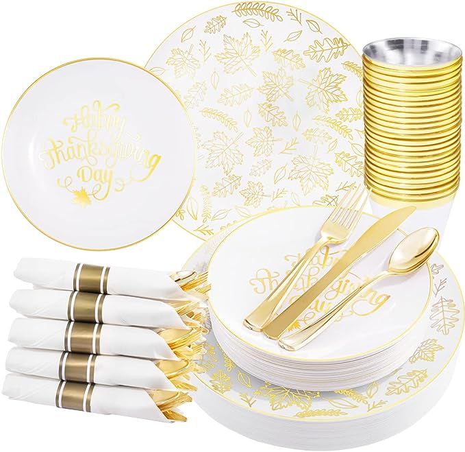 Nervure 175PCS Thanksgiving Plastic Plates & Pre Rolled Napkins Gold Plastic Cutlery Include: 25D... | Amazon (US)