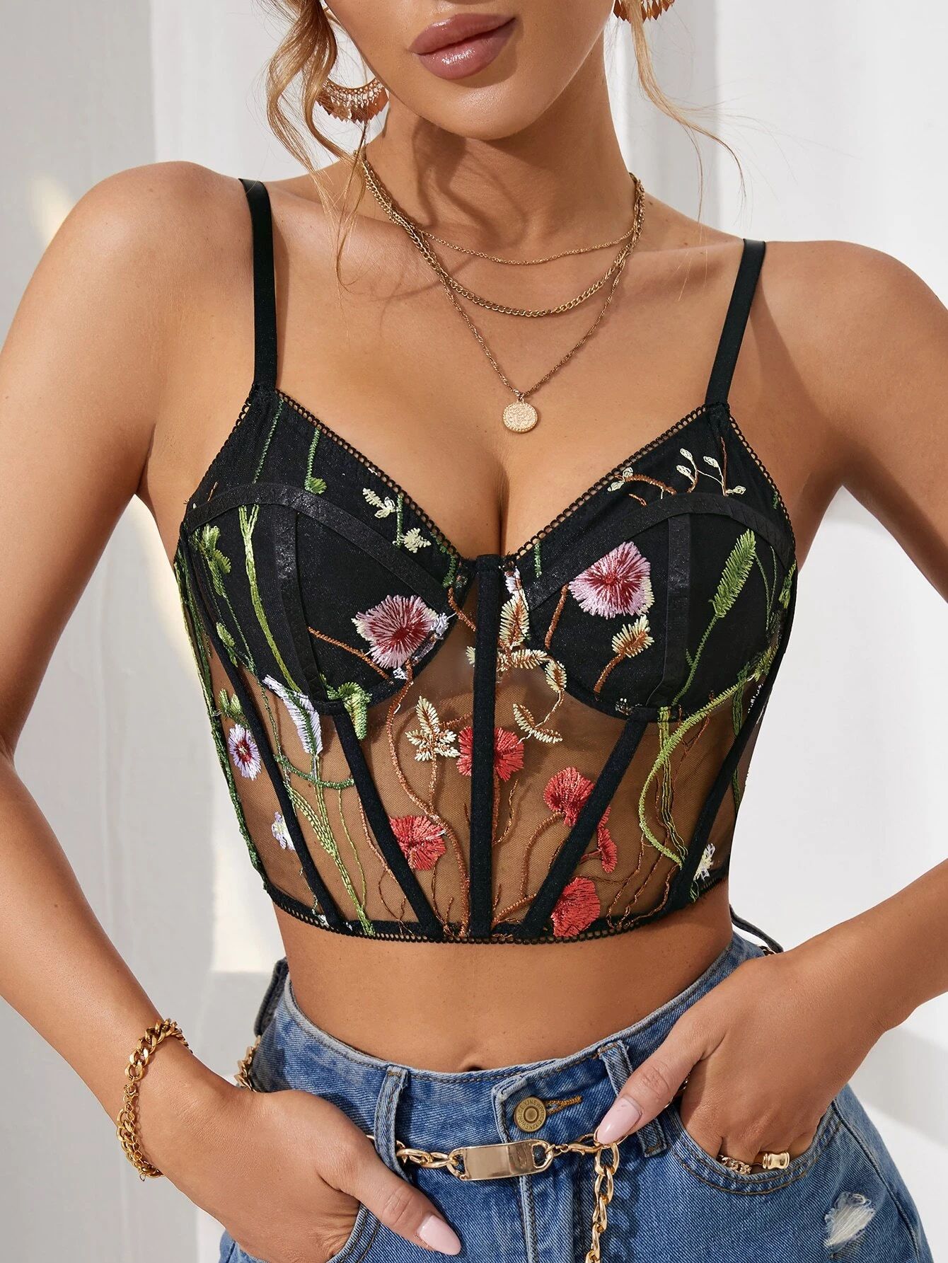 Floral Embroidery Mesh Insert Crop Lace Cami Top | SHEIN
