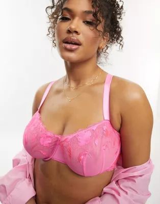 ASOS DESIGN Curve Nina sheer floral lace balcony bra with picot trim in pink | ASOS (Global)