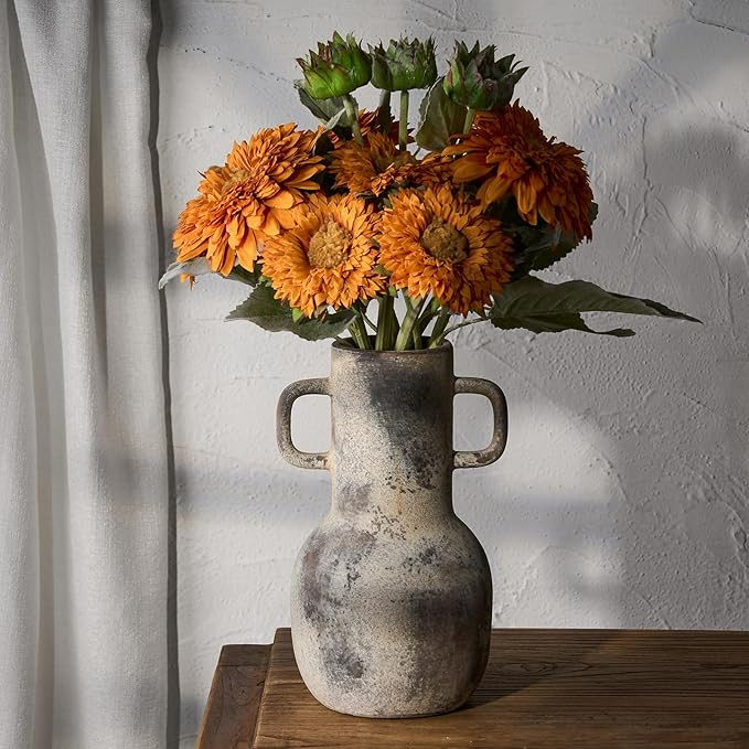 SIDUCAL Rustic Ceramic Farmhouse Flower Vase with 2 Handles, Whitewashed Terra Cotta Vase, Decora... | Amazon (US)
