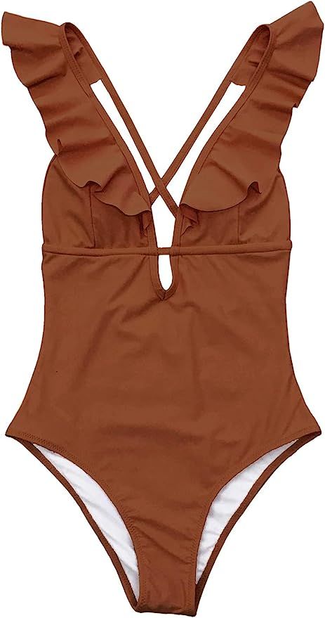 CUPSHE Women's One Piece Swimsuit Ruffle Deep V Neck Strappy Swimwear Bathing Suits | Amazon (US)