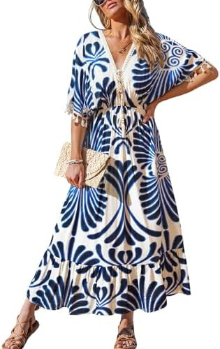 CUPSHE Women Summer Dresses Tassel Tie Front V Neck Batwing Sleeve Smocked Flowy Hawaiian Casual ... | Amazon (US)