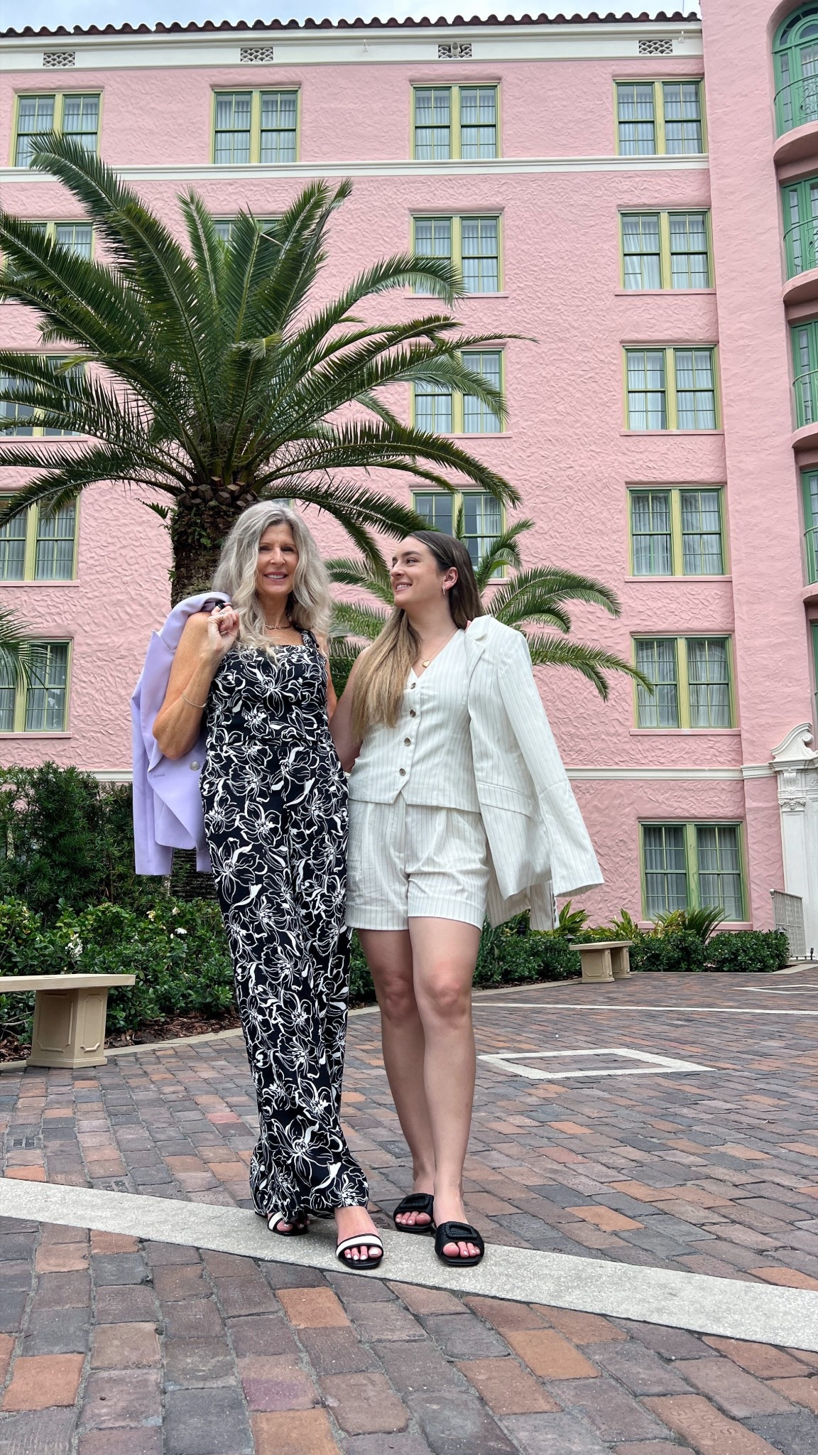 Mother and daughter favorites from White House Black Market! Wide leg floral with matching black & white print top & lavender blazer, block heel shoes, black and white purse. 3 piece Pinstripe suit, high waist pinstripe shorts, white and black pinstripe vest, black and white pinstripe blazer, black sandals. Perfect for all ages & sizes, Tall & petite sizes. Work wear, travel outfits, date night outfits. #ltkover40 

#LTKWorkwear #LTKShoeCrush #LTKTravel