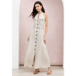 Button-Down Flap Pockets Belted Halter Maxi Dress in Linen for Office Days & Weekend Events | Chicwish