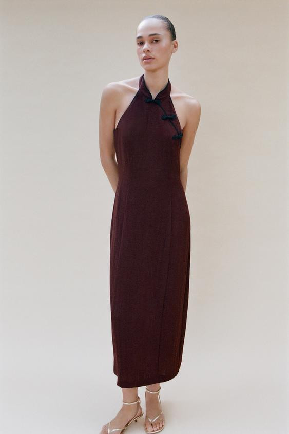 Zara - Halter Dress With Frog Fastening - Burgundy - L - Woman | Zara UK