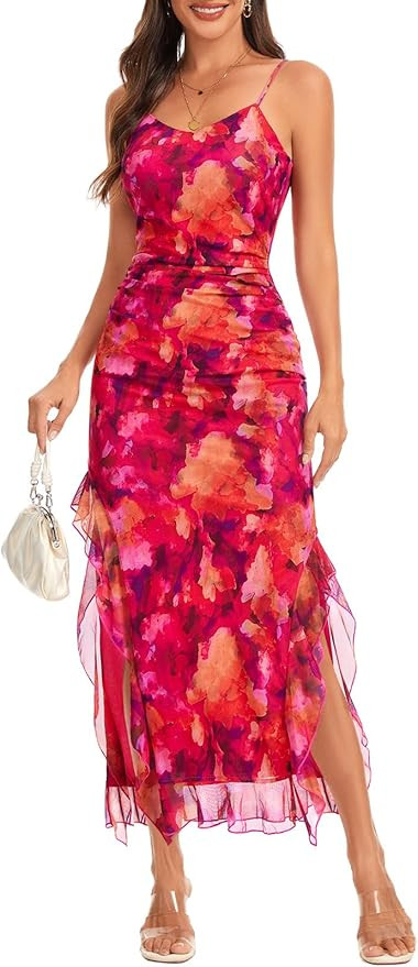 DRESSTELLS Women's Summer Floral Wedding Guest Spaghetti Strap Maxi Long Mesh Ruched Slit Beach D... | Amazon (US)