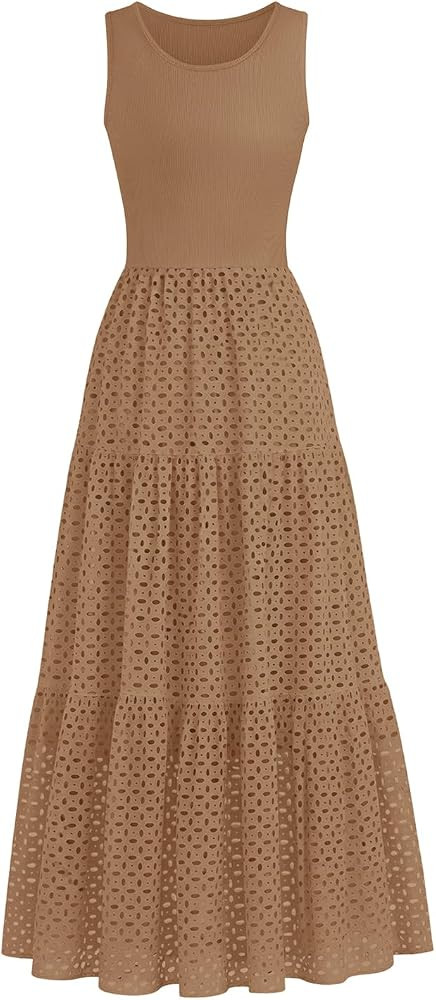 Lazysmile Women's Summer Sleeveless Eyelet Tiered A-Line Maxi Dress | Amazon (US)